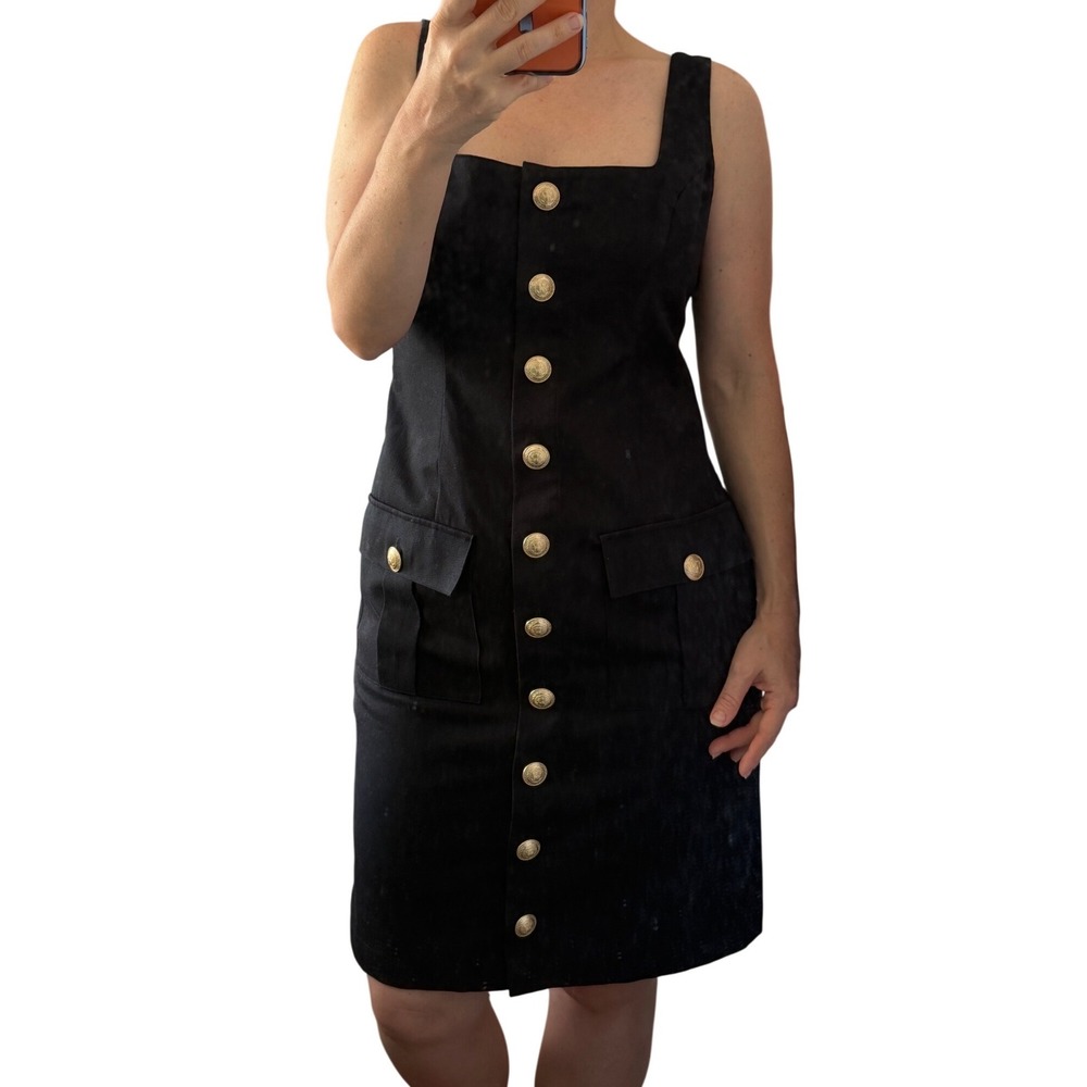 L'AGENCE Black Cotton Spandex Gold Button Front Cargo Sheath Dress Size 2